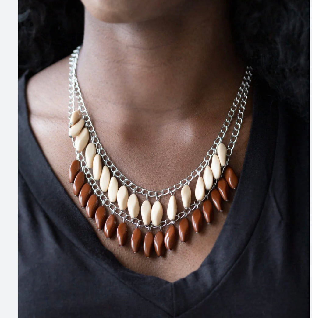 Layered Neutral Tone Statement Necklace Set with Matching Drop Earrings