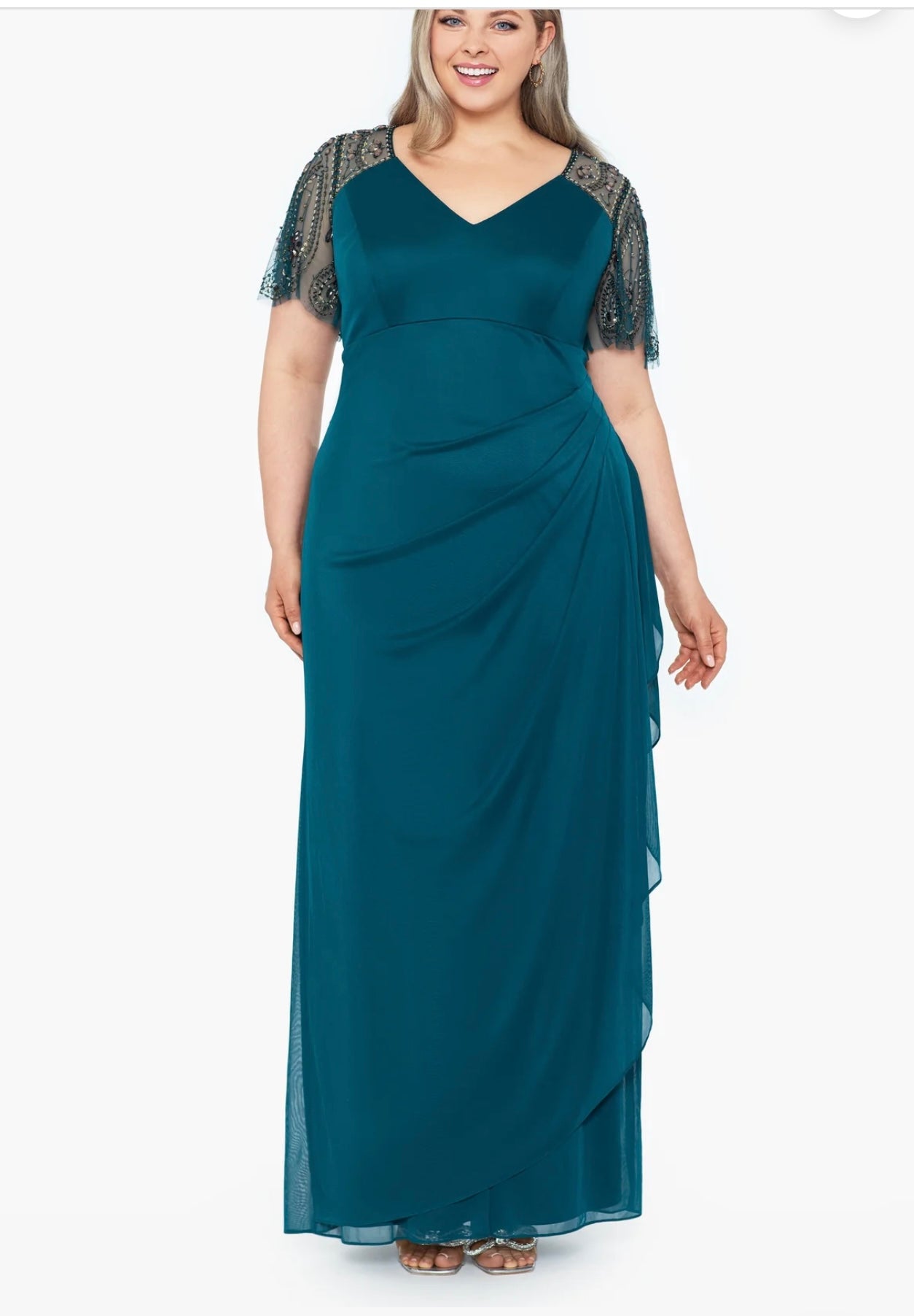 XSCAPE Plus Size Teal Beaded Sleeve Formal Gown Dress 22W NWT
