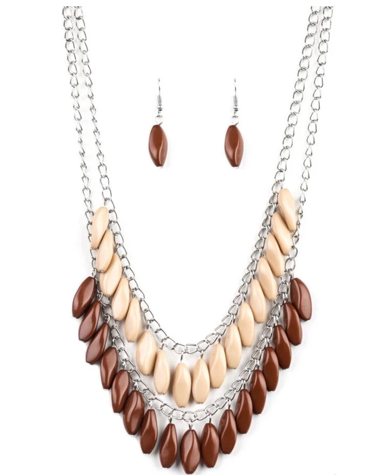 Layered Neutral Tone Statement Necklace Set with Matching Drop Earrings