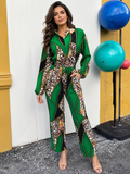 SHEIN Green Mixed Print Jumpsuit Size L (US 8/10) Long Sleeve Belted Wide Leg
